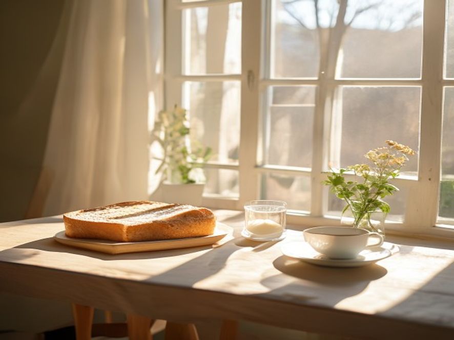 Soligt morgenvinduer og person ved bord med rugbrød